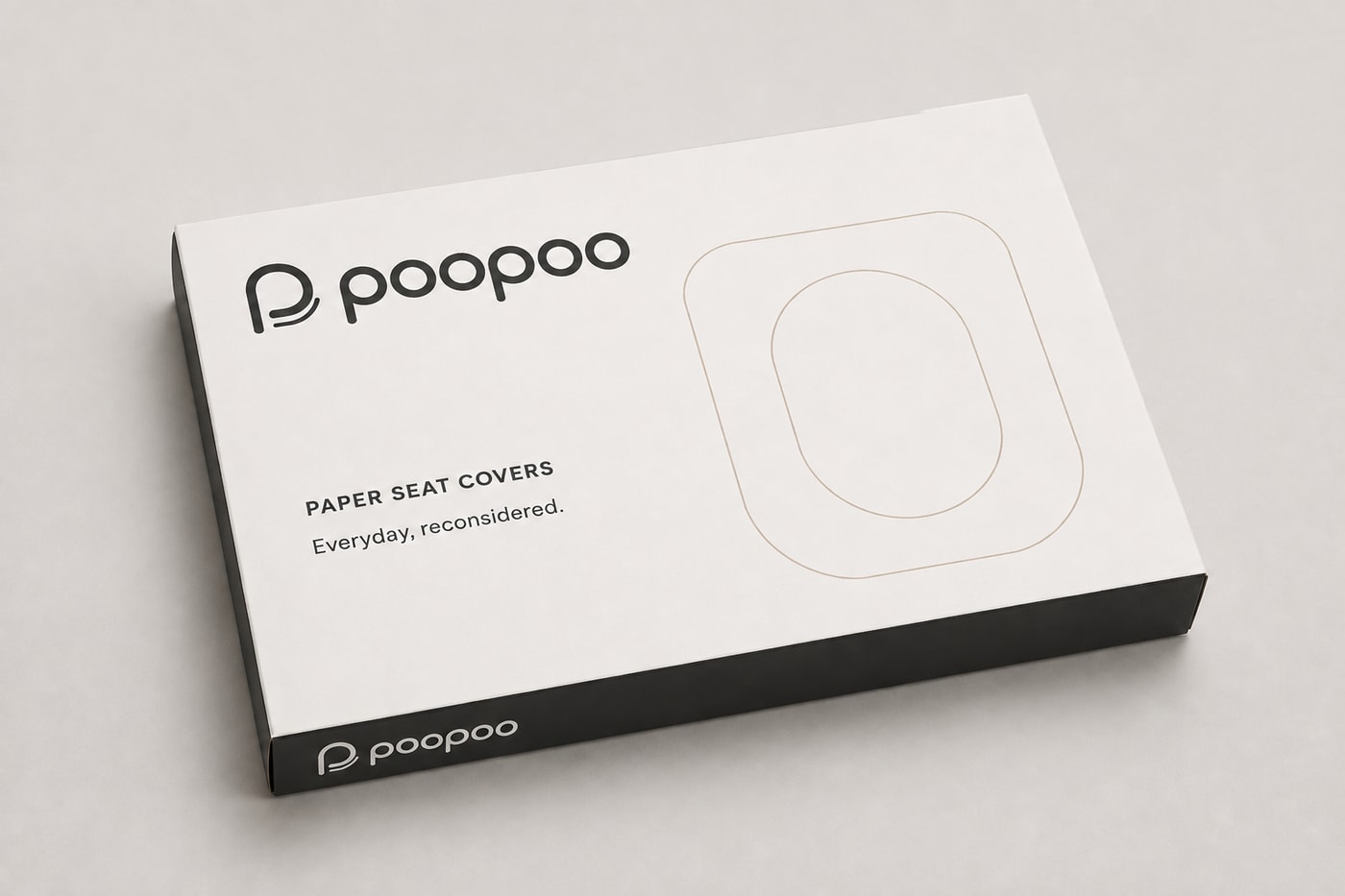 PooPoo packaging concept: a shallow white carton with charcoal sides and a fine outline of the paper seat cover