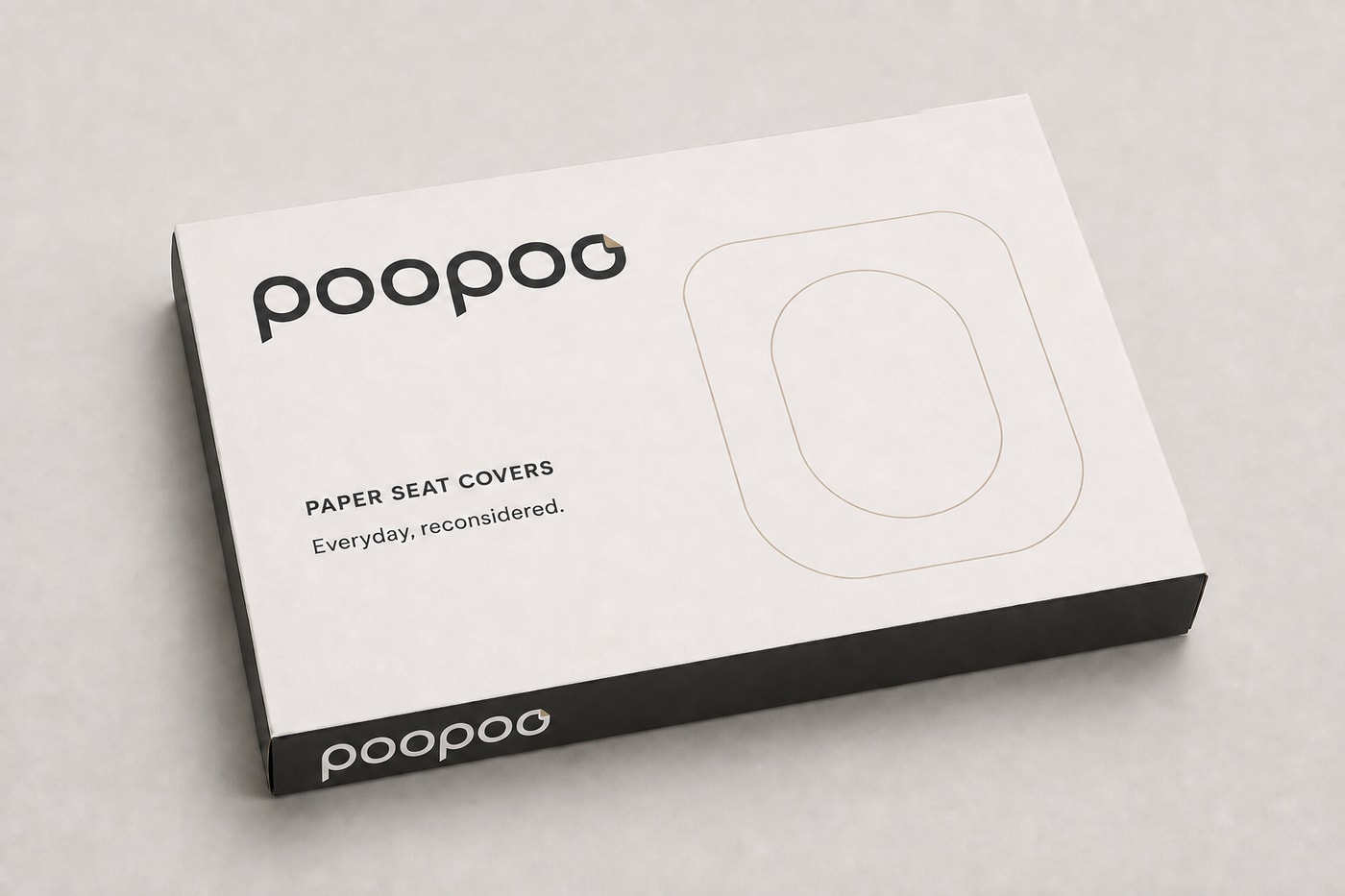 PooPoo packaging concept: a shallow white carton with paper-corner wordmarks, charcoal sides and a fine outline of the paper seat cover